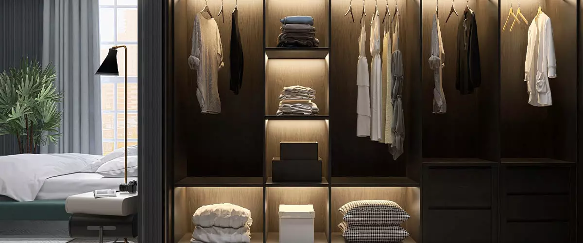 modern closet system, open shelves closet system with lights and clothes inside