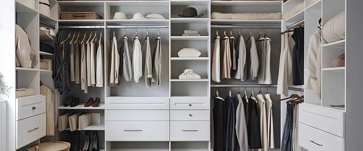 white closet system, modern new custom made closet system in white with clothes inside