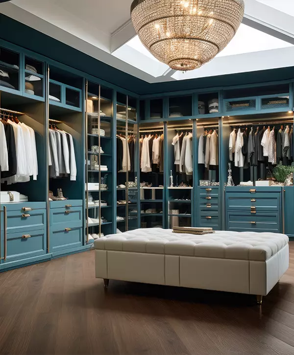 A Luxurious Walk-in Closet Designed for Style and Functionality, Perfectly Organized in a Stunning Combination of Teal and White Colors, with Spacious Closet Space and Modern Closet Systems