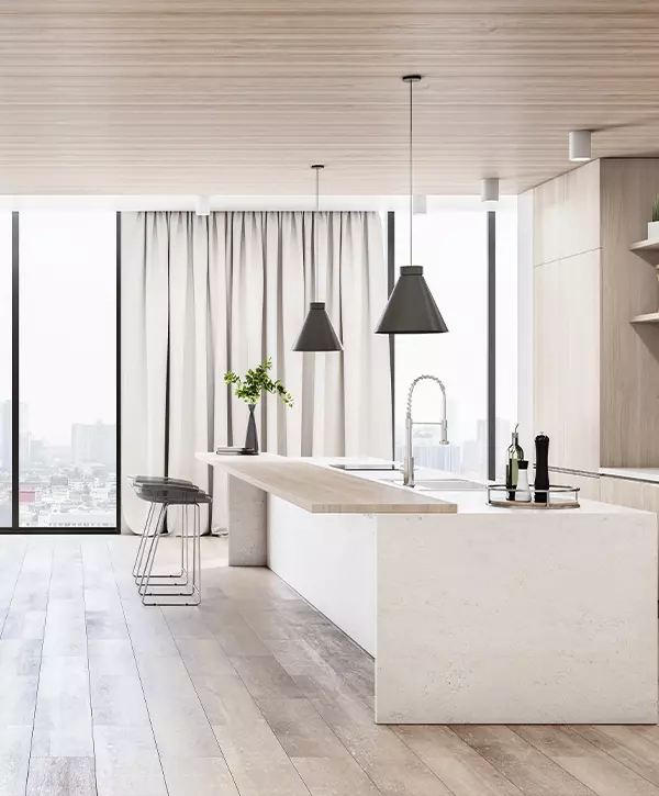 kitchen designer services, sunny light shades and eco style kitchen room with wooden walls, marble tabletop, modern bar stools and squared glass wall