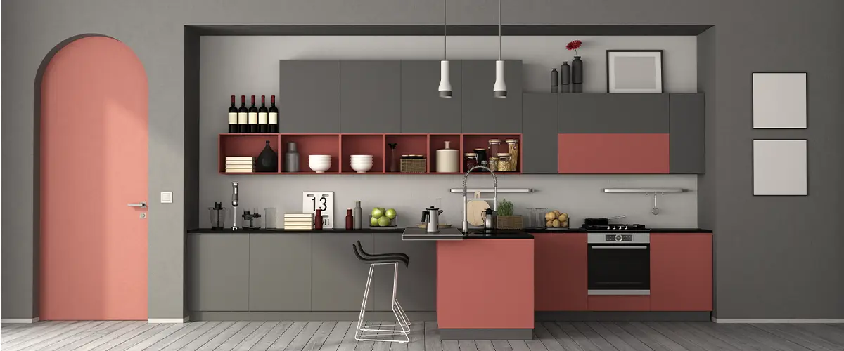 Pink and gray kitchen with frameless cabinets