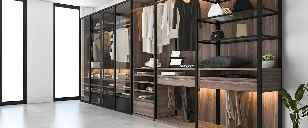 Modern closet with organized shelves and stylish room design.