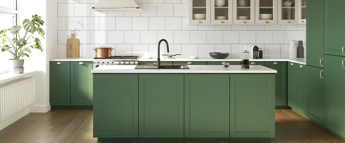 green and beige rustic country kitchen with white tiles, an island and wood logs on ceiling