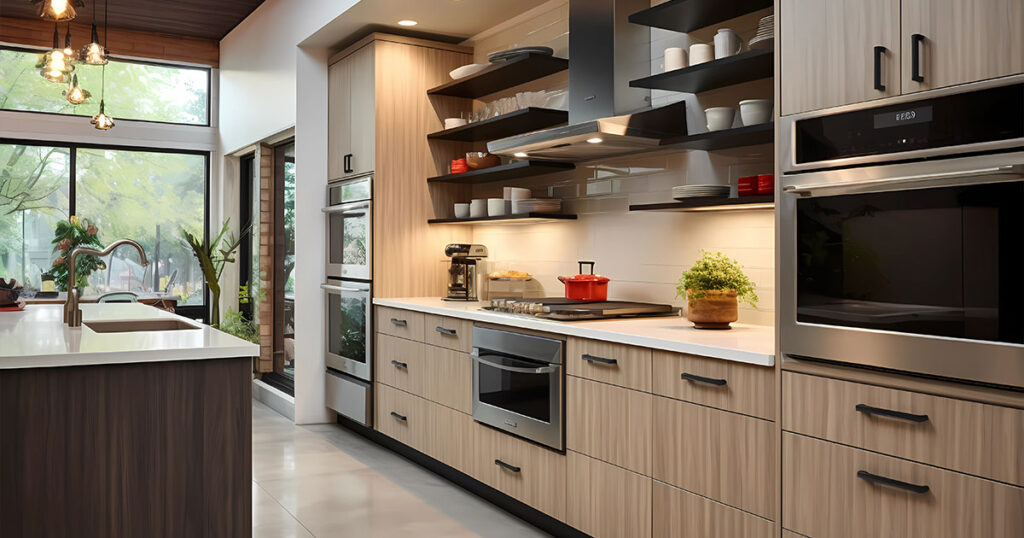 Modern kitchen with light particle board cabinetry, black accents, open shelving, stainless steel appliances, and large windows with natural light