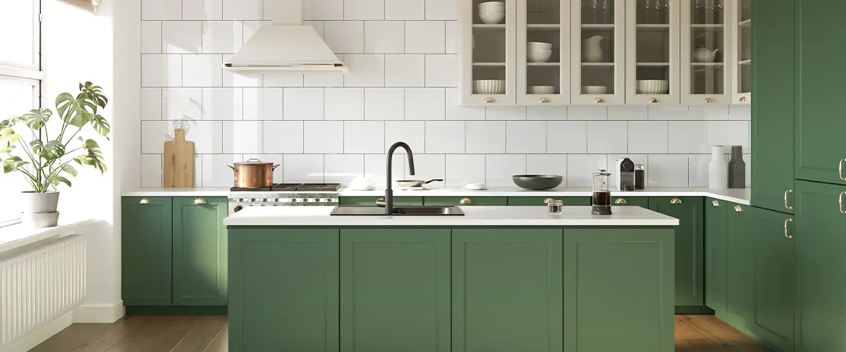 Modern cabinet design in Montreux, with green cabinets, white countertops, wood beams, and natural light, highlighting contemporary interior design