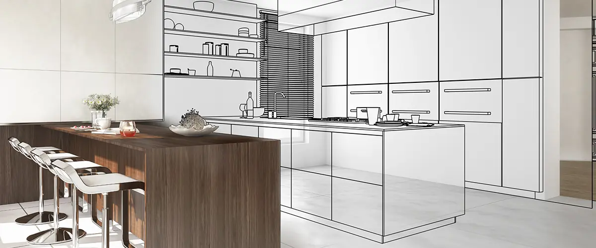 Modern kitchen design concept with a partially rendered sketch transitioning into a finished interior, showcasing sleek cabinetry and a wooden island.