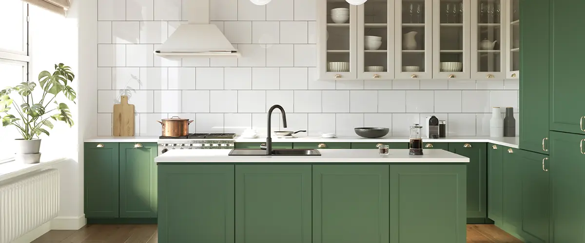 Modern kitchen in cold Springs, with green kitchen cabinets, white countertops, wood beams, and natural light, highlighting contemporary interior design.