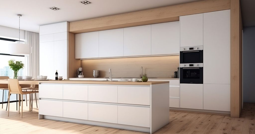 Modern minimalist kitchen design with white cabinets, wood accents, and a central island, offering a clean and spacious layout.