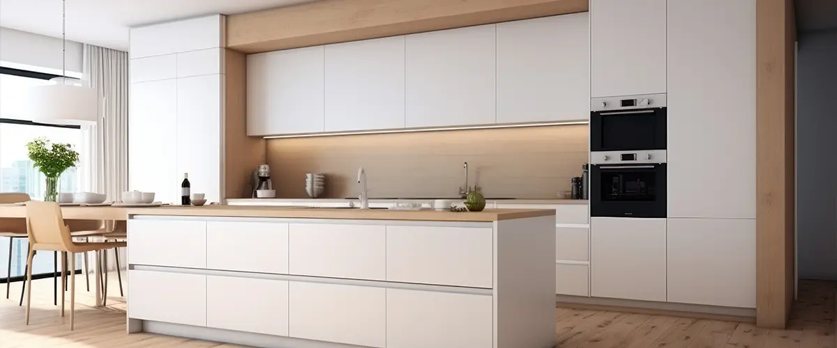 Modern minimalist kitchen design with white cabinets, wood accents, and a central island, offering a clean and spacious layout.