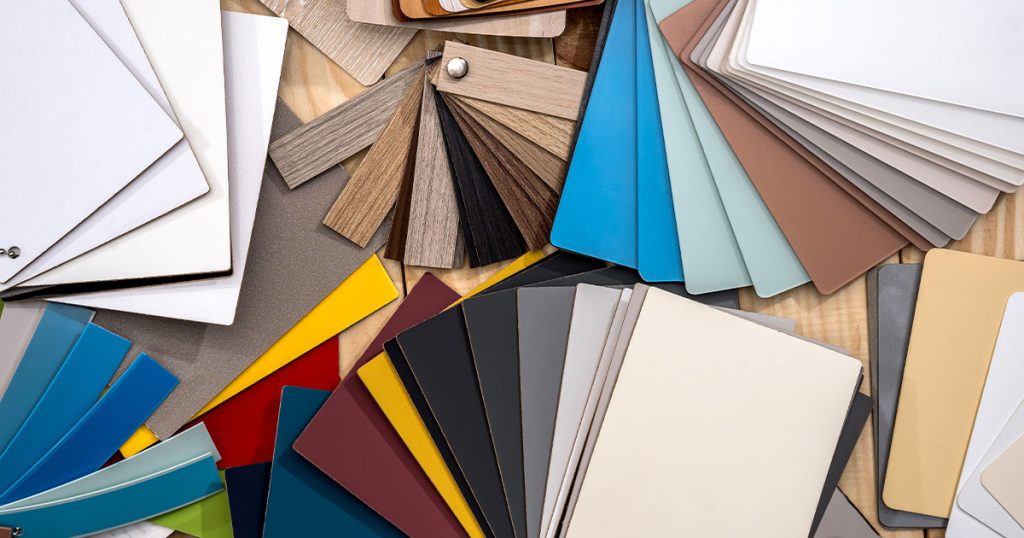 Cabinet colour samples in various, textures, and finishes for countertops, cabinets, and interior design