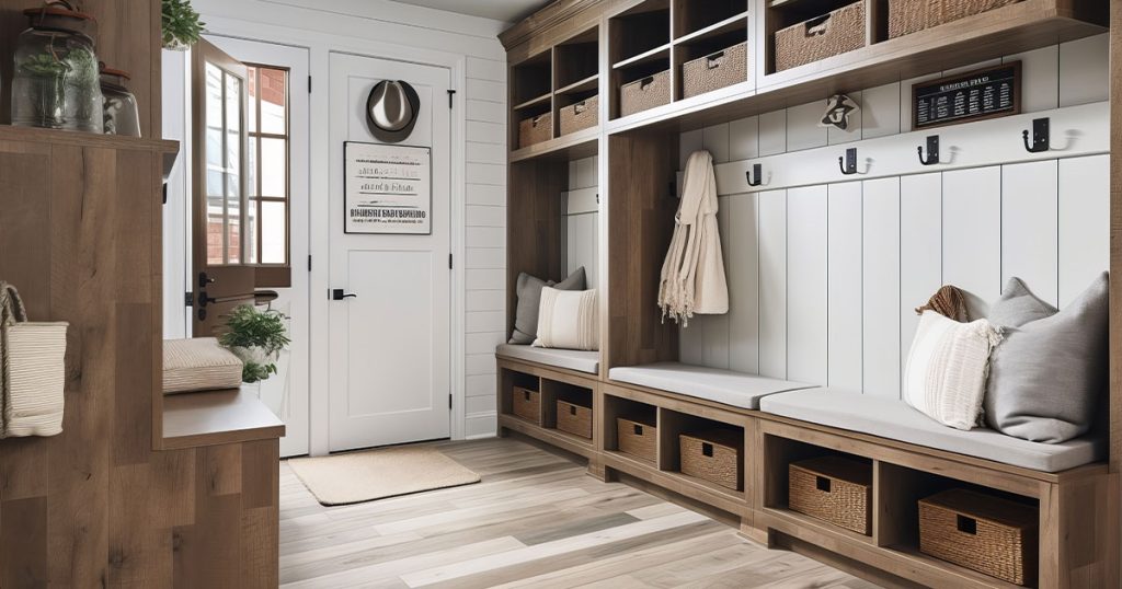 Spacious custom mudroom with built-in bench, cubbies, coat hooks, and natural wood storage for entryway organization.