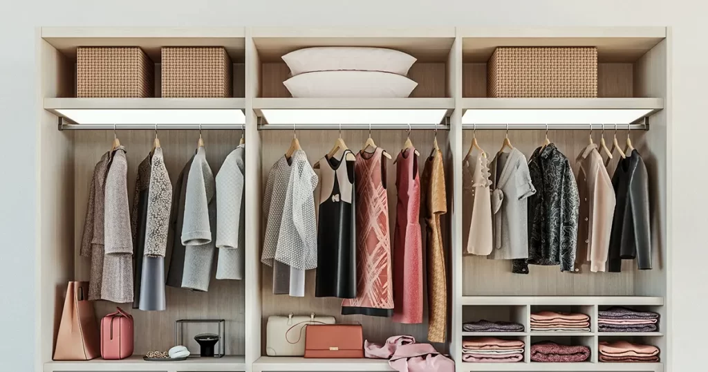 Open closet system with organized hanging clothes and storage boxes