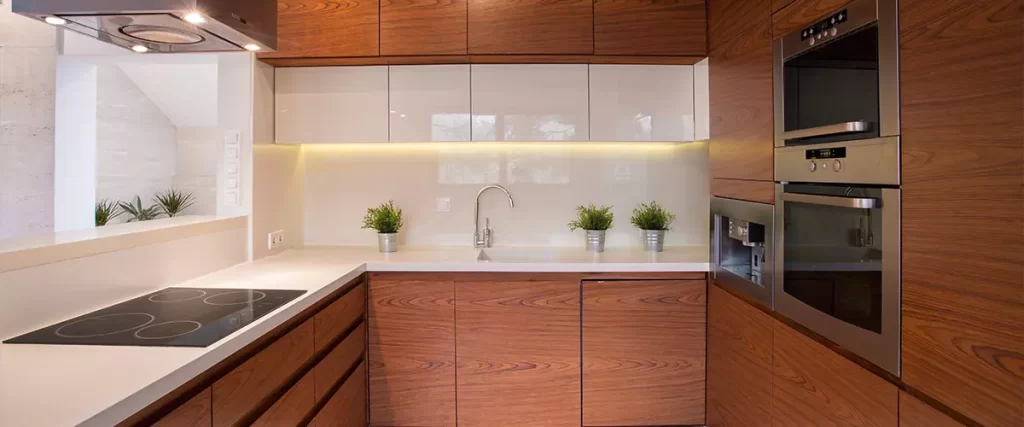 Modern kitchen with wood cabinets and built-in appliances