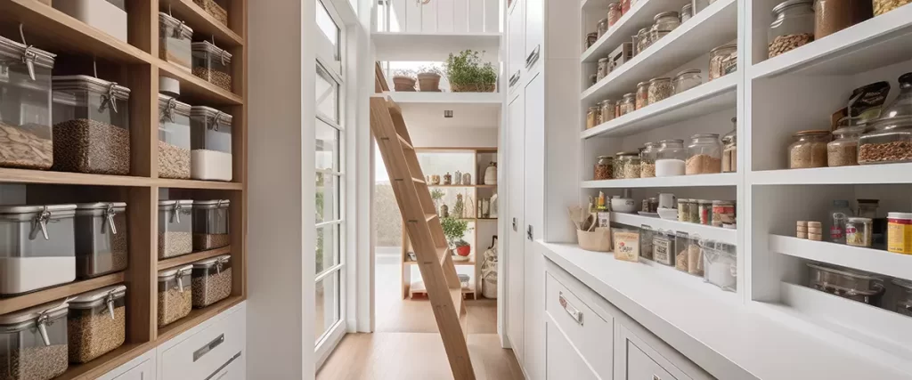 Custom pantry cabinets with glass jars and built-in shelves