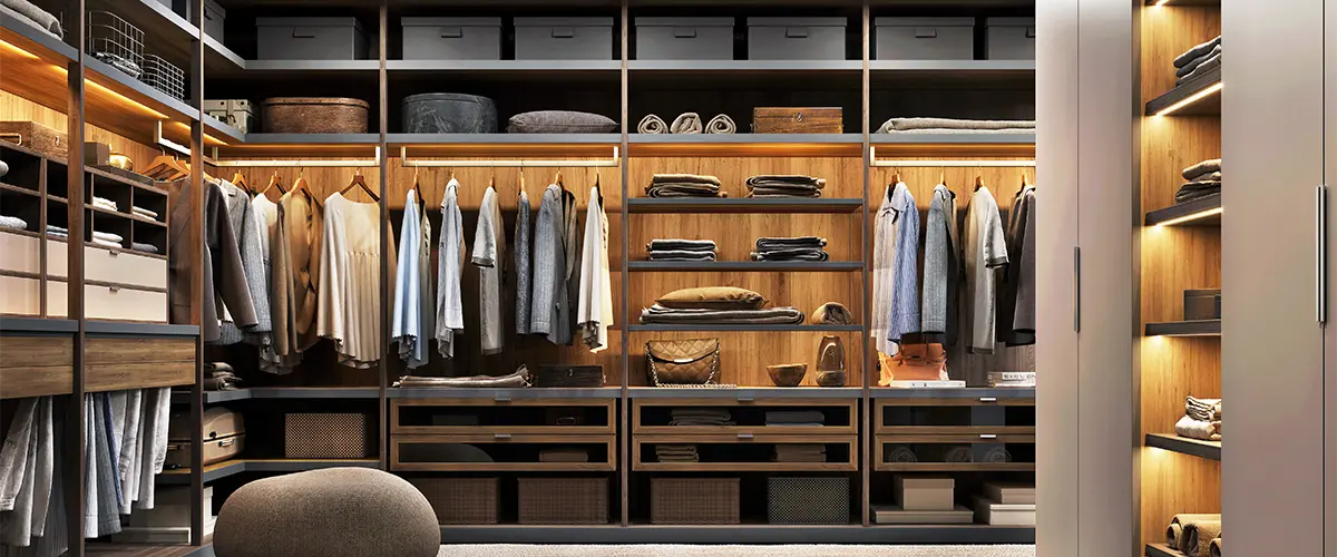 Luxury walk-in closet with dark wood cabinets and warm LED lighting