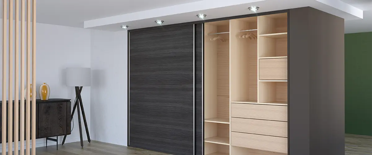 Open sliding-door closet with light wood shelving and built-in drawers