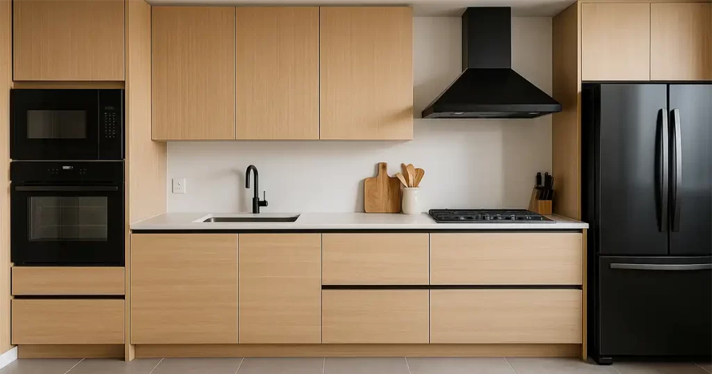 Modern kitchen with light wood cabinets and black appliances
