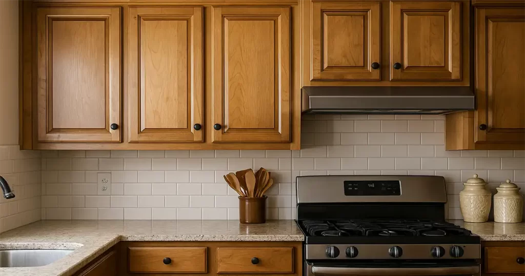 Traditional kitchen with natural wood cabinets and stainless steel stove