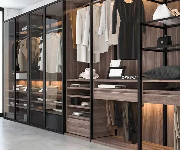 new modern closet system, walk-in closet with open shelves