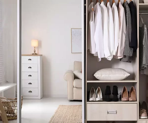 new modern closet systems, cream and white tones